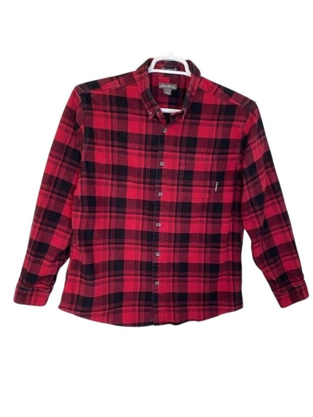 Red Plaid Flannel Eddie Bauer Mens L Classic Fit Button Up Shirt Fall Outdoors